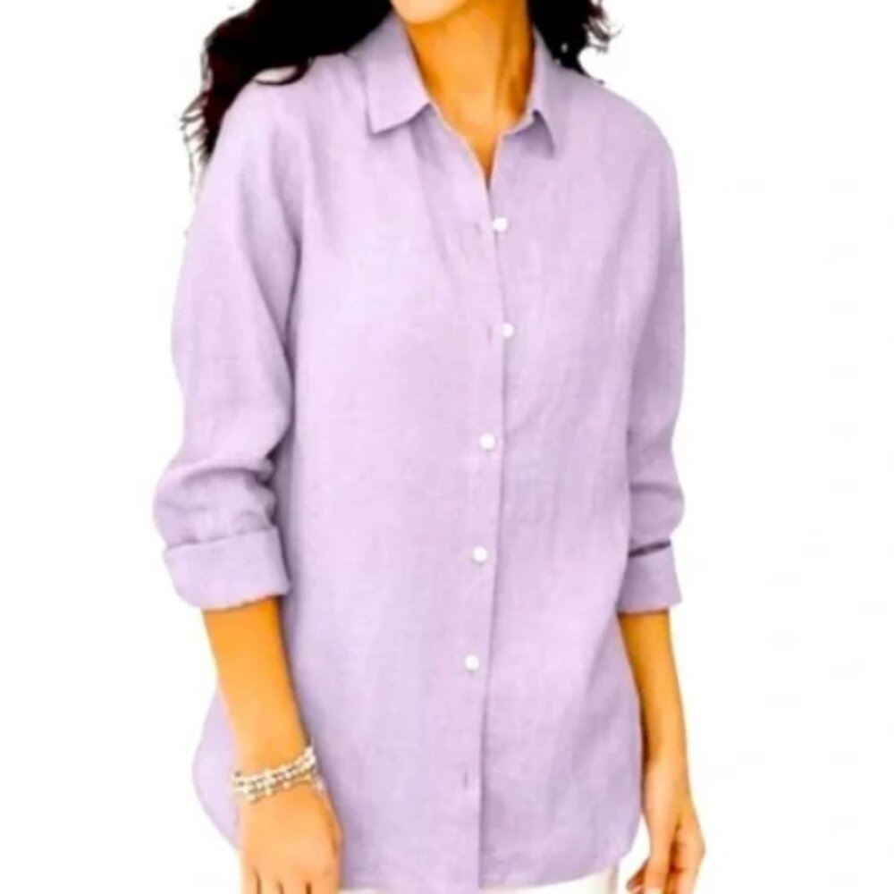 J. Jill Love Linen 100% Linen Essential Button Down Women's Shirt Lilac size M